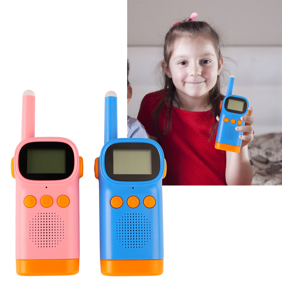 Zwei Spielzeug-Walkie-Talkies, eines rosa und eines blau, mit einem lächelnden Mädchen.