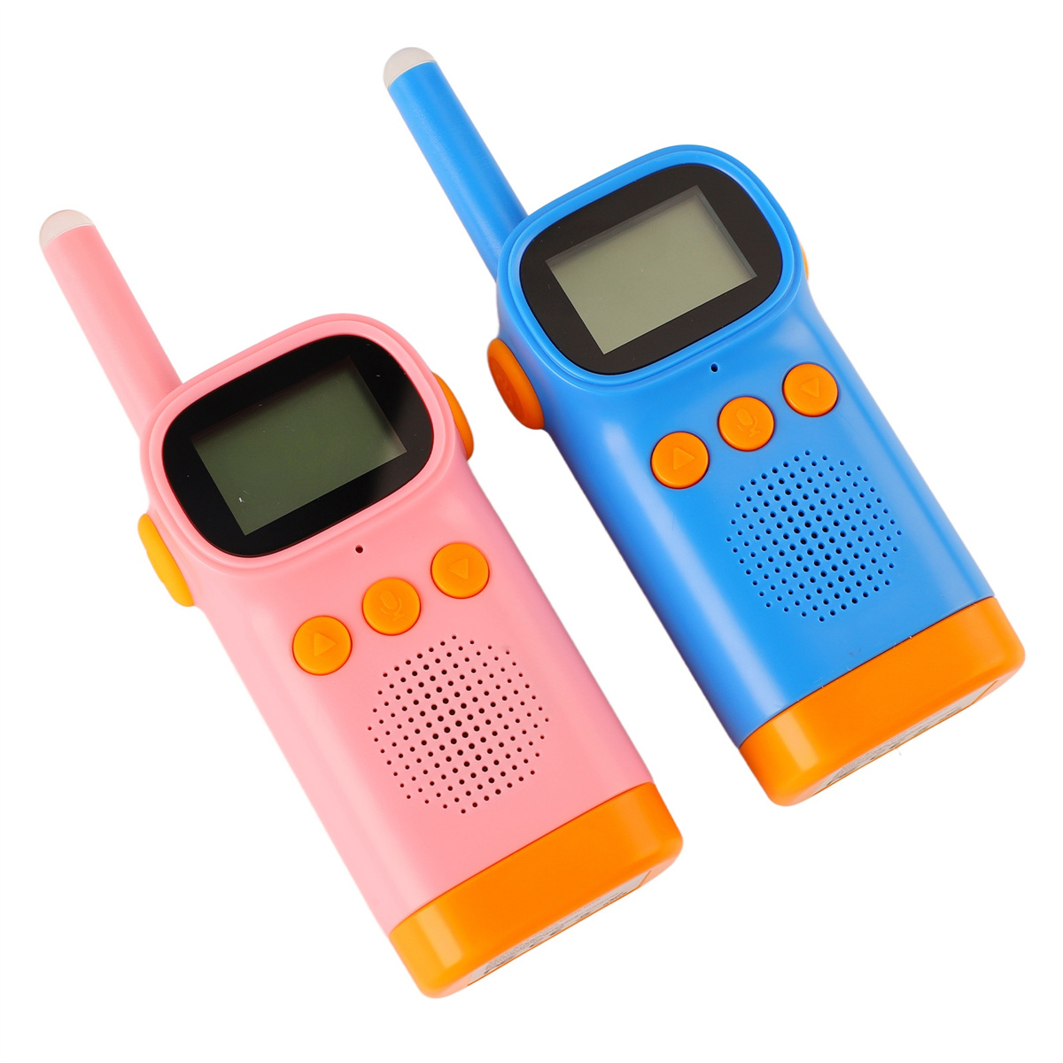 Zwei Walkie-Talkies, eines rosa, eines blau, mit orangefarbenen Akzenten und kleinen Bildschirmen.