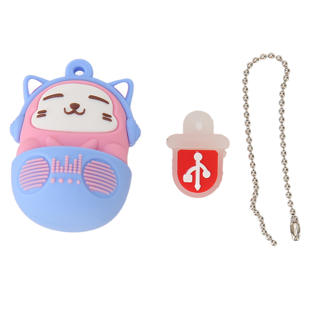 USB-Stick in Katzenform mit Kette und USB-Abdeckung mit USB-Symbol.
