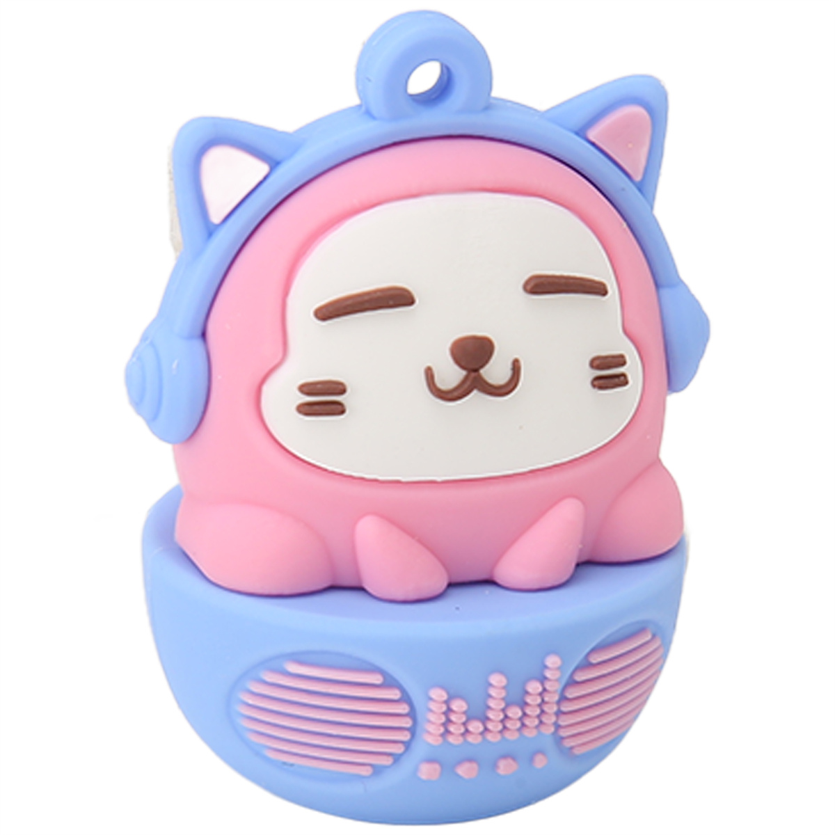 Cartoon-Katze mit Kopfhörern auf Lautsprecherbasis, in Pink und Blau.