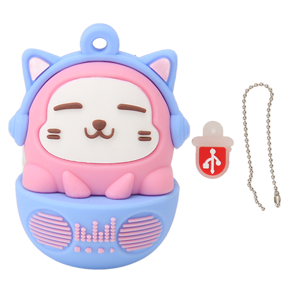 Rosa katzenförmiger USB-Stick mit Kopfhörern, ein kleiner roter USB-Anschluss und eine Kette. Katze lächelt.