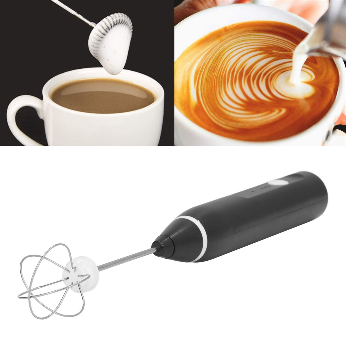 Ein elektrischer Milchaufschäumer mit Kaffee und Latte Art in Nahaufnahme.