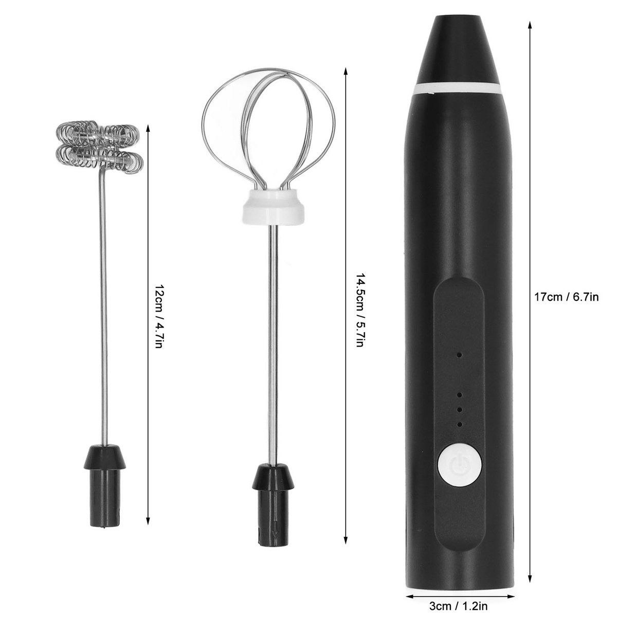 Drei schwarze Küchenwerkzeuge. Eines ist ein Handmixer, zwei Schneebesen in verschiedenen Designs.