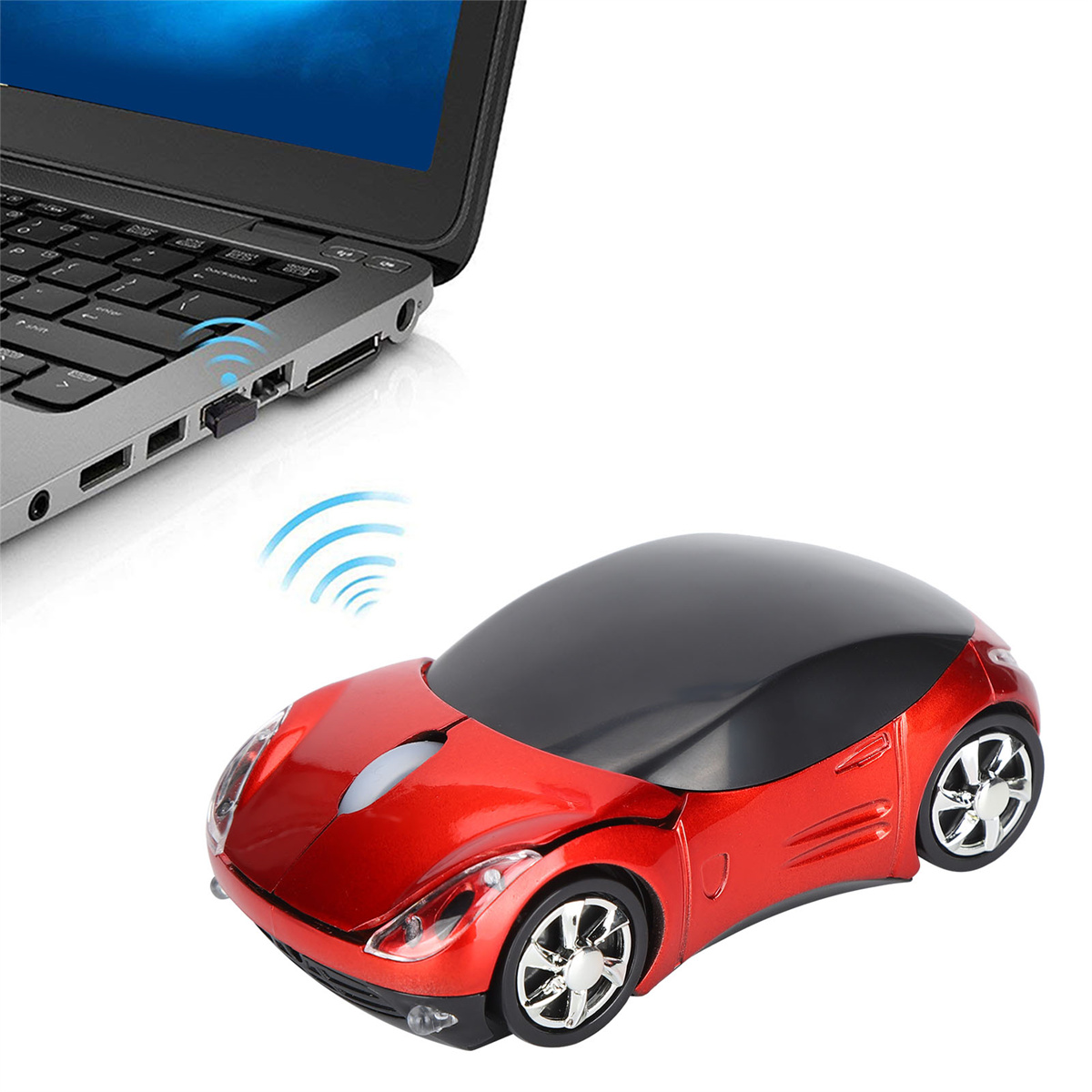 Rote, auto-förmige kabellose Maus, verbunden mit einem Laptop über einen USB-Empfänger.