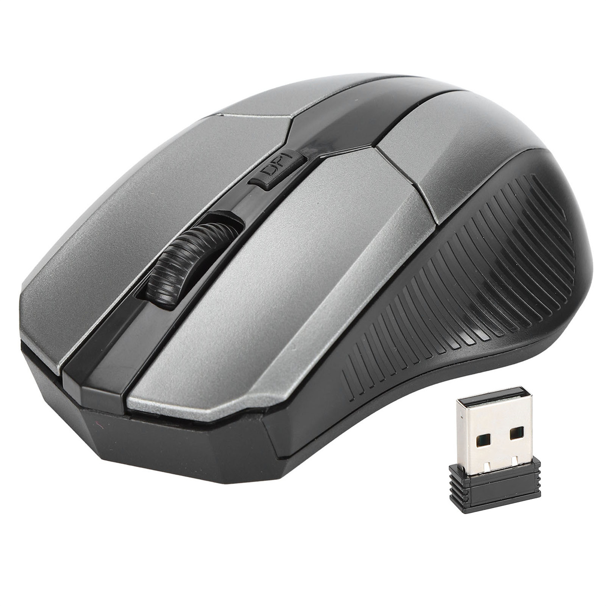 Eine graue kabellose Maus mit einem schwarzen Scrollrad und einem USB-Empfänger.