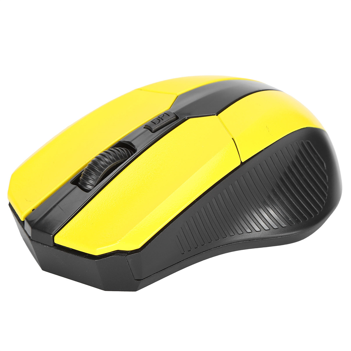 Gelbe und schwarze kabellose Computermaus. Sie hat ein Scrollrad und eine DPI-Taste.