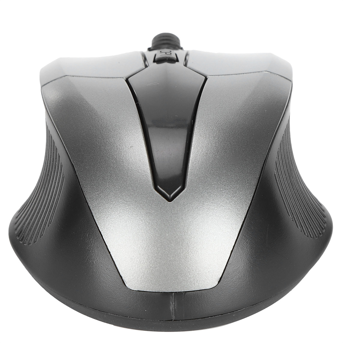 Eine grau-schwarze Computermaus mit ergonomischem Design auf weißem Hintergrund.