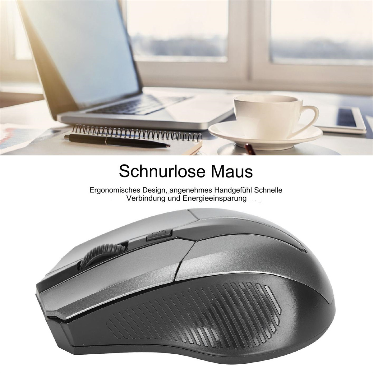 Eine kabellose Maus auf einem Schreibtisch. Ein Laptop, eine Tasse und ein Tablet sind im Hintergrund. Text: kabellose Maus.