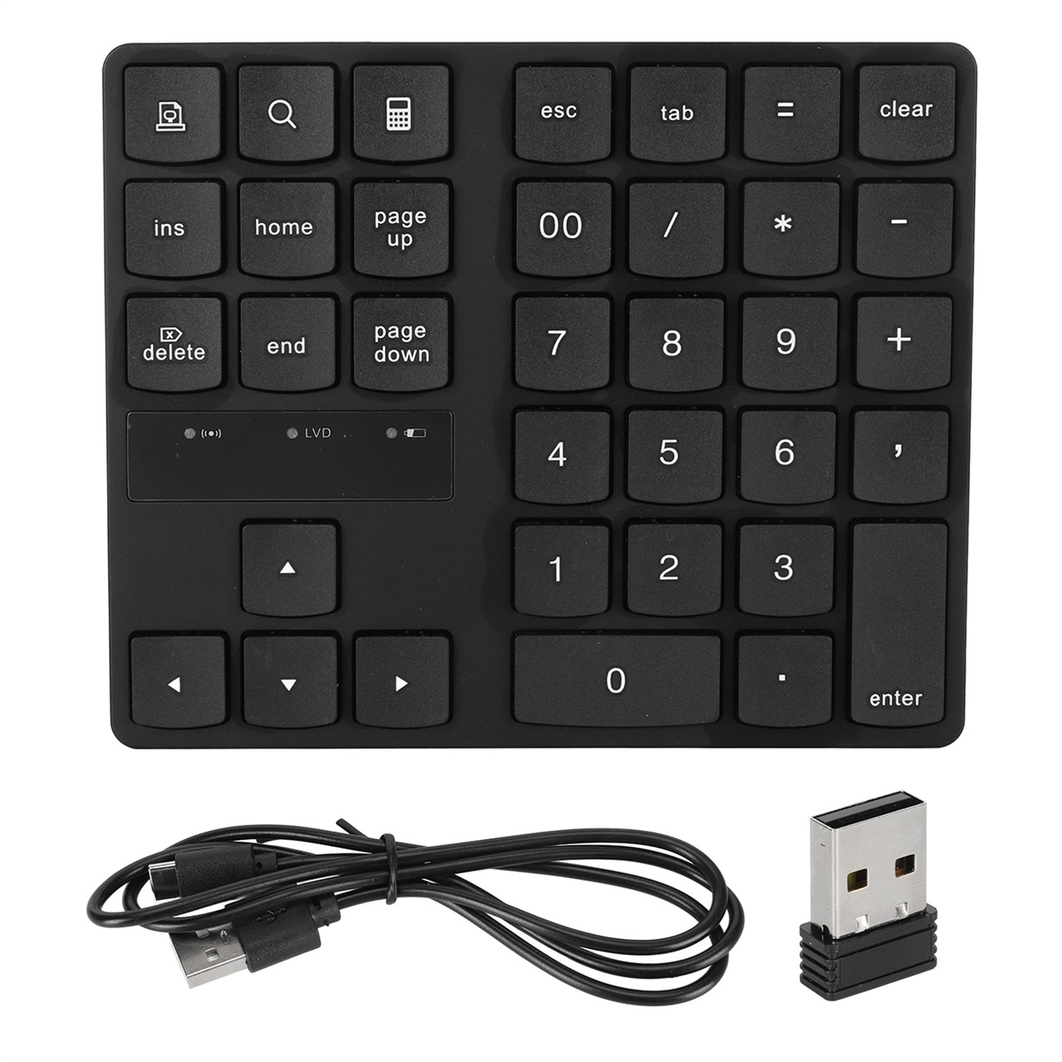Schwarzer numerischer Ziffernblock mit verschiedenen Funktionstasten, einem USB-Empfänger und Kabel.