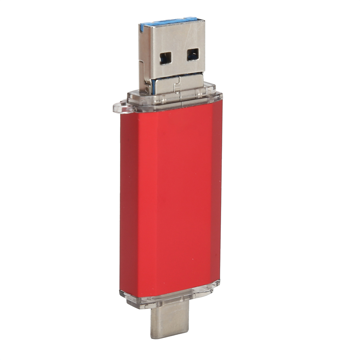 Roter und silberner USB-Stick mit USB-A- und USB-C-Anschluss vor weißem Hintergrund.