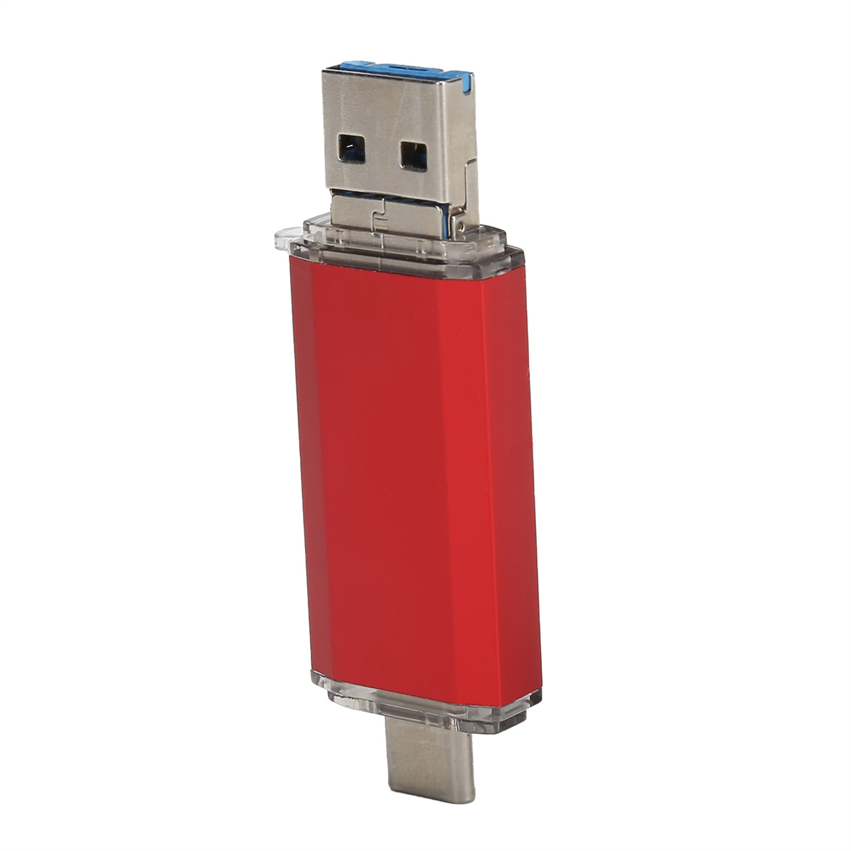 Roter und silberner USB-Stick mit USB-A- und USB-C-Anschluss.