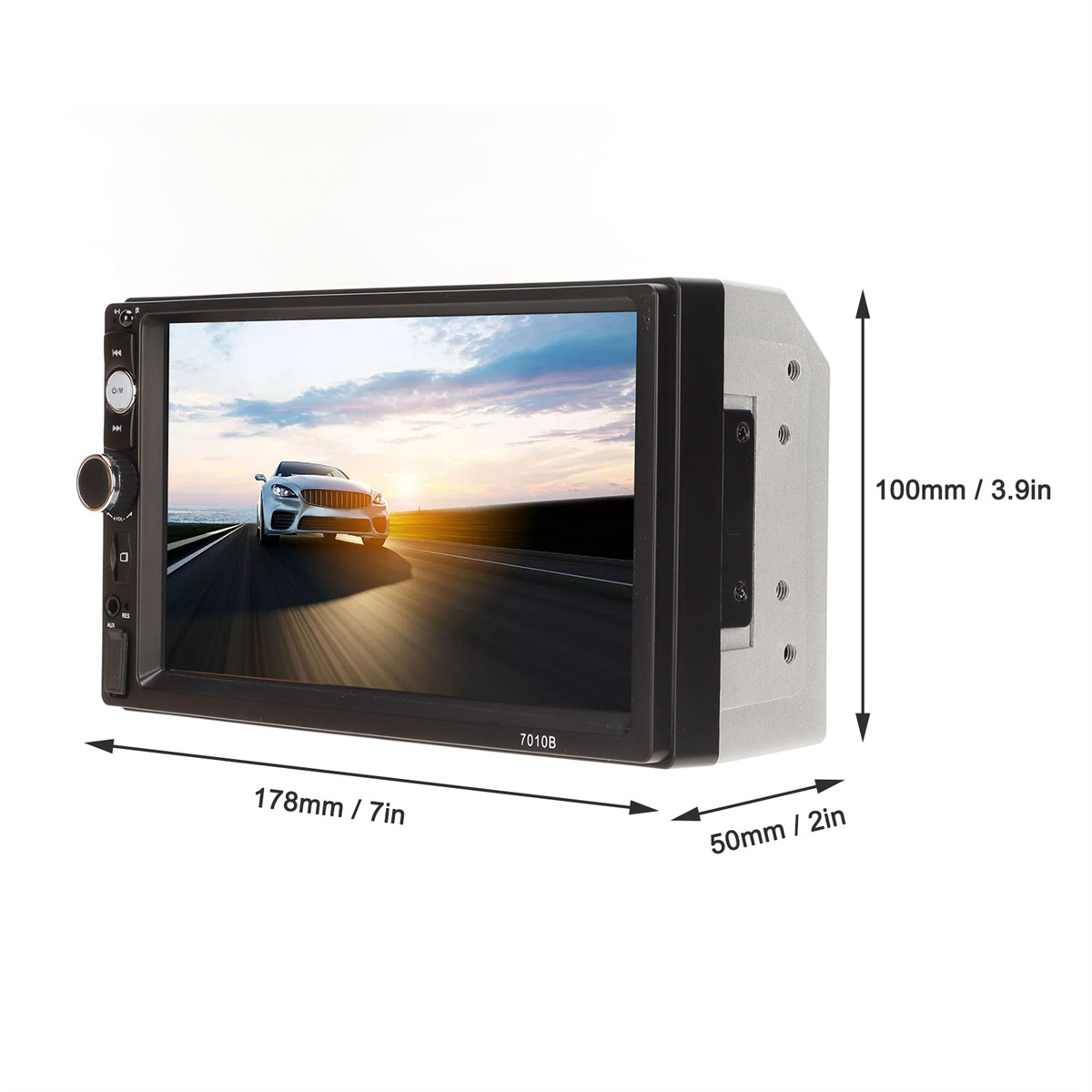 Autoradio-Bildschirm mit einem Auto auf einer Straße. Es hat die Maße 178 mm x 100 mm x 50 mm.