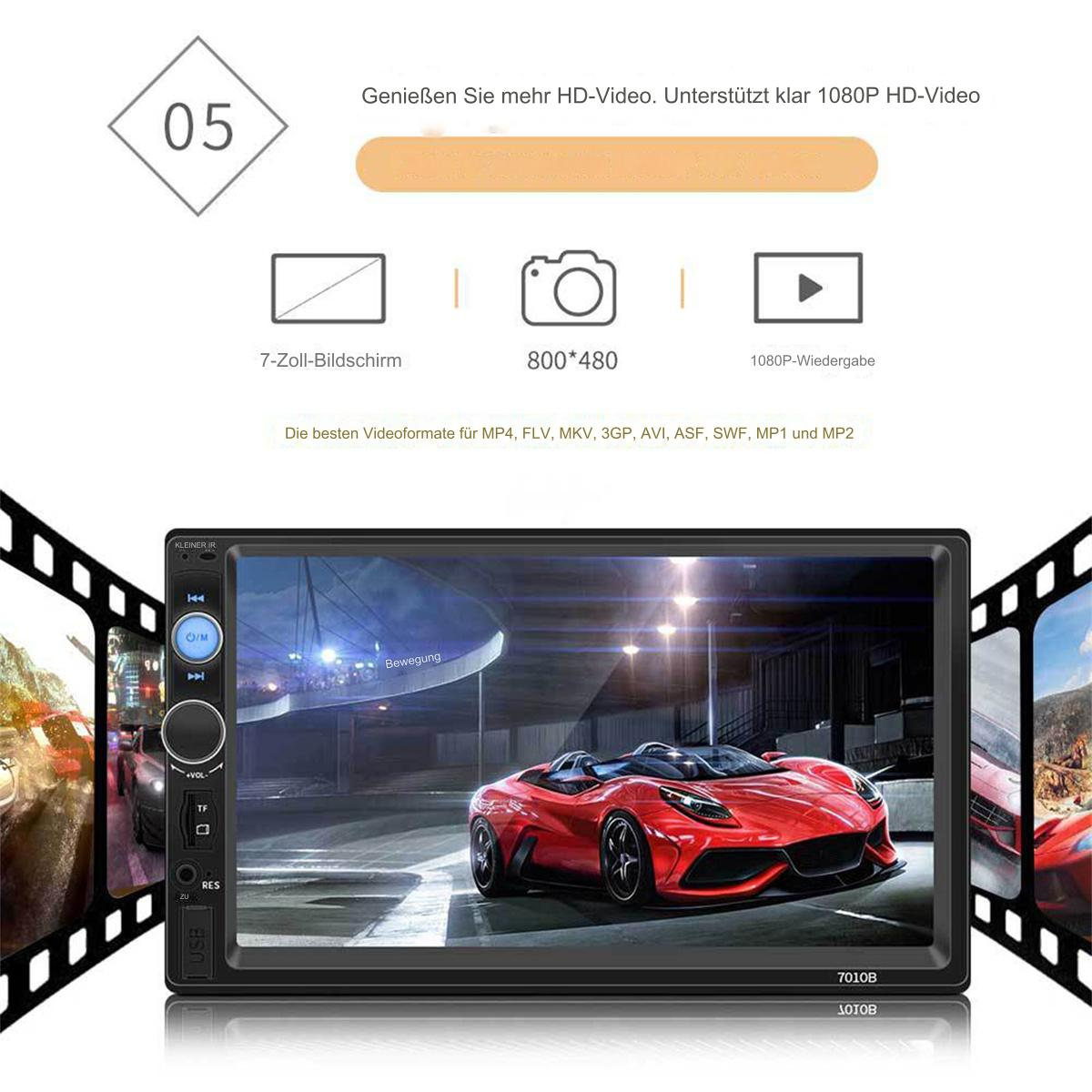 Autoradio mit Bildschirm, der einen roten Sportwagen zeigt, mit Symbolen und Text drumherum.