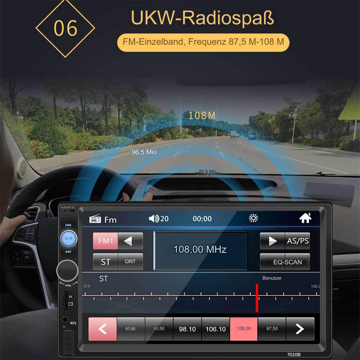 Autoradio-Bildschirm mit Anzeige 108,0 MHz. Weitere Bedienelemente des Radios sind sichtbar.