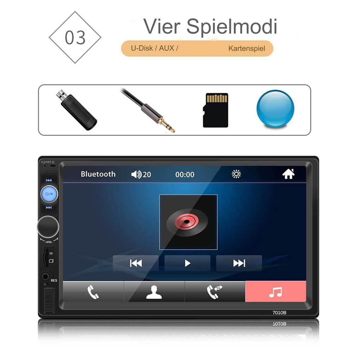 Auto-Multimedia-System mit Bildschirm, der Musik-Interface, USB und Speicherkarte zeigt.