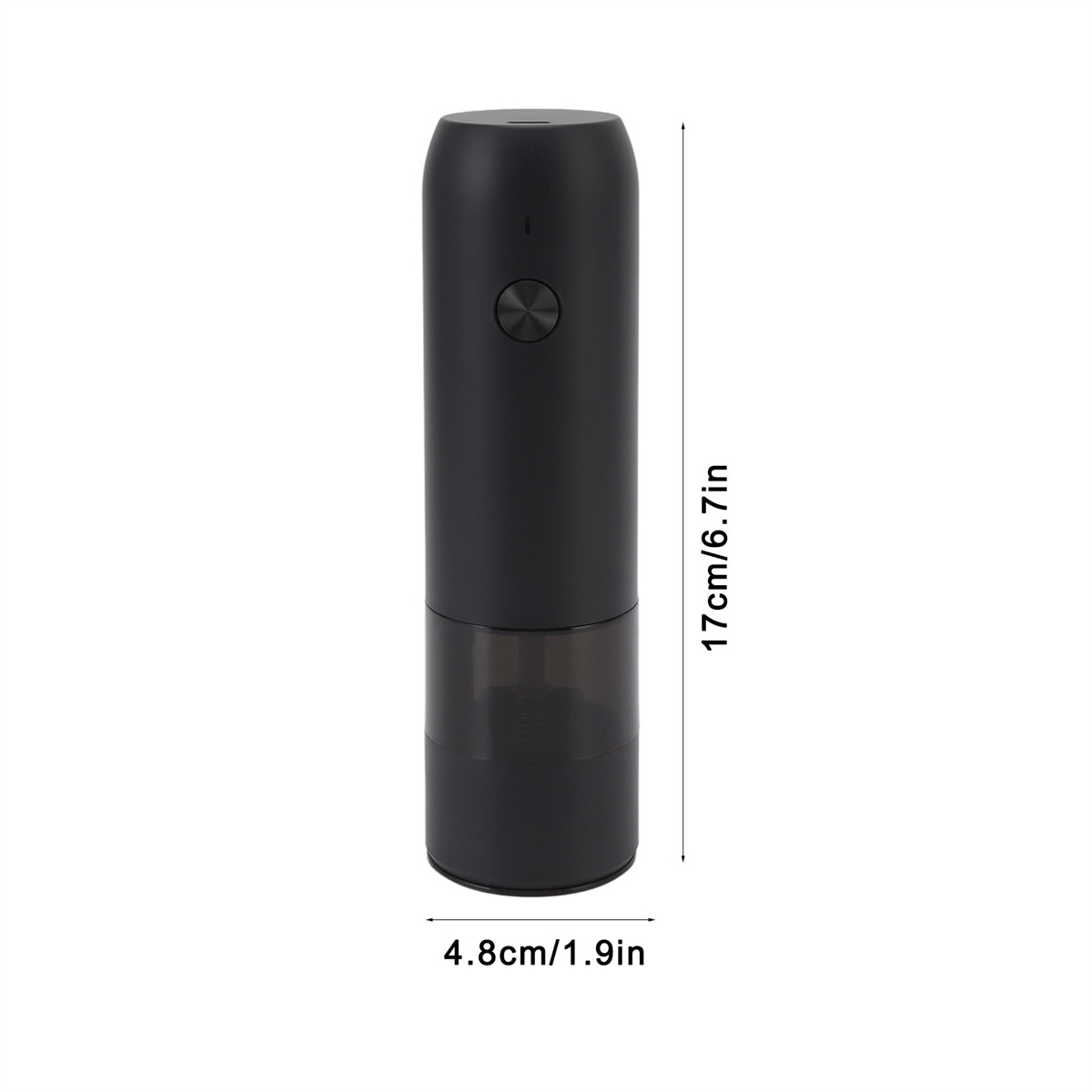 Schwarze Pfeffermühle mit Abmessungen, isoliert auf weißem Hintergrund.