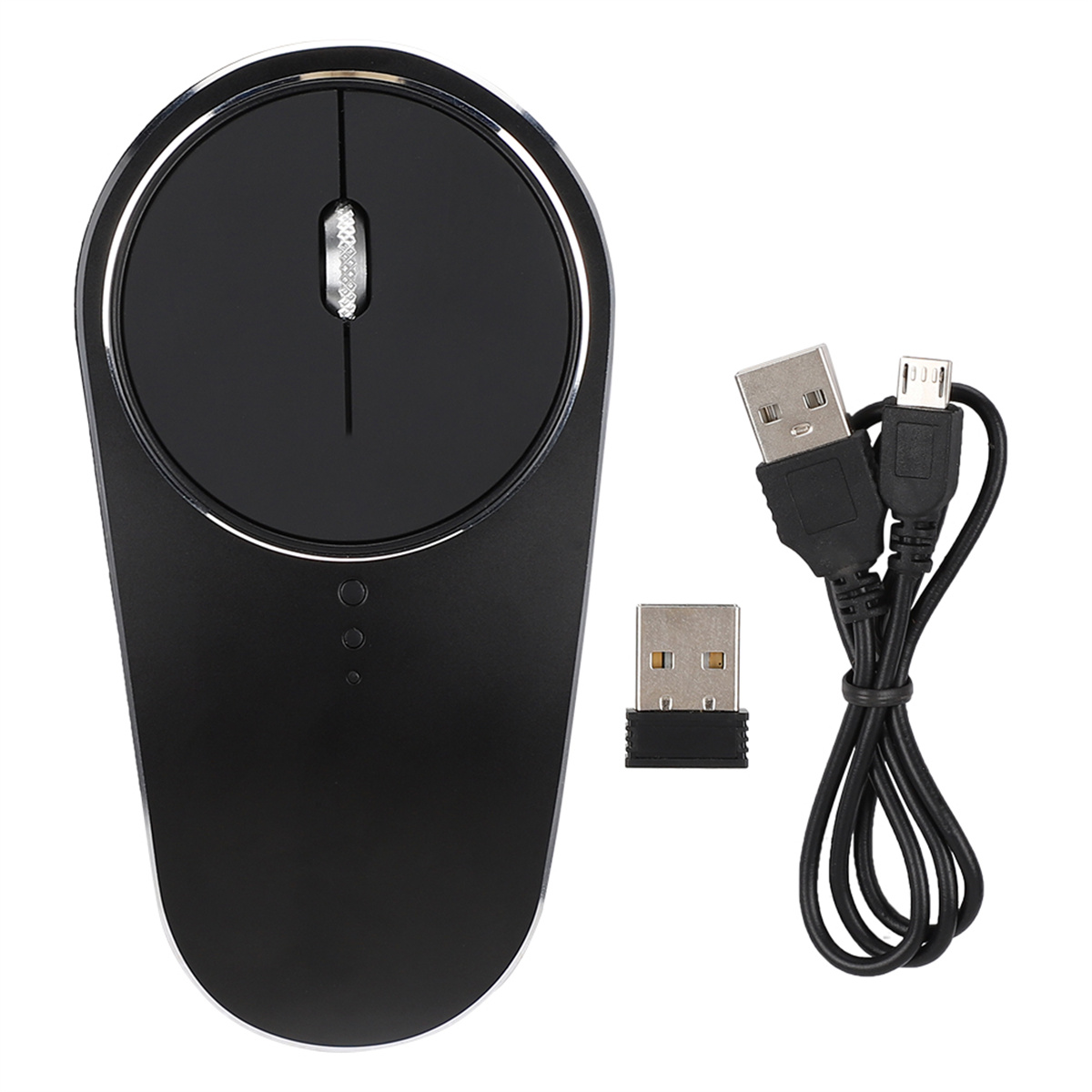 Eine schwarze kabellose Maus mit einem USB-Empfänger und einem Ladekabel auf weißem Hintergrund.