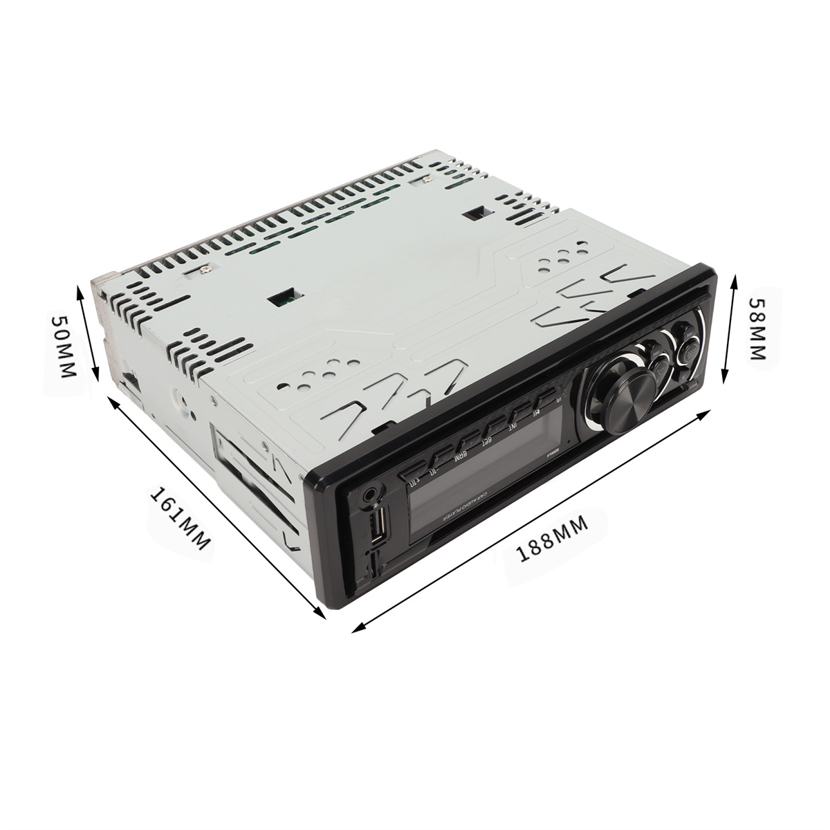 Autoradio mit Maßen: 161mm x 188mm x 50mm (Höhe) x 58mm (Tiefe). Schwarze Front mit Bedienelementen.