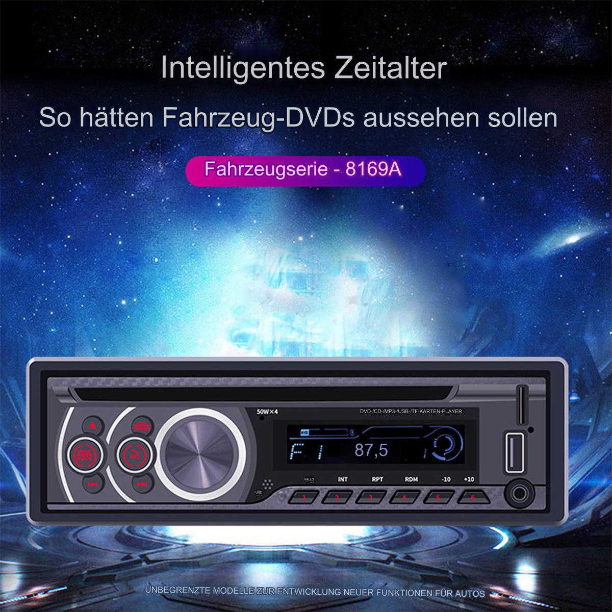 Autoradio mit Knöpfen und Bildschirm, mit Text über Funktionen und Design.