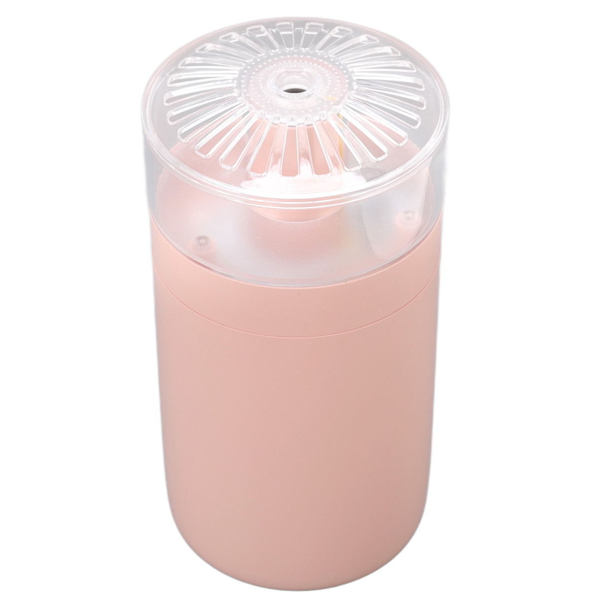 Pinkfarbener Luftbefeuchter mit transparentem Deckel, auf weißem Hintergrund.