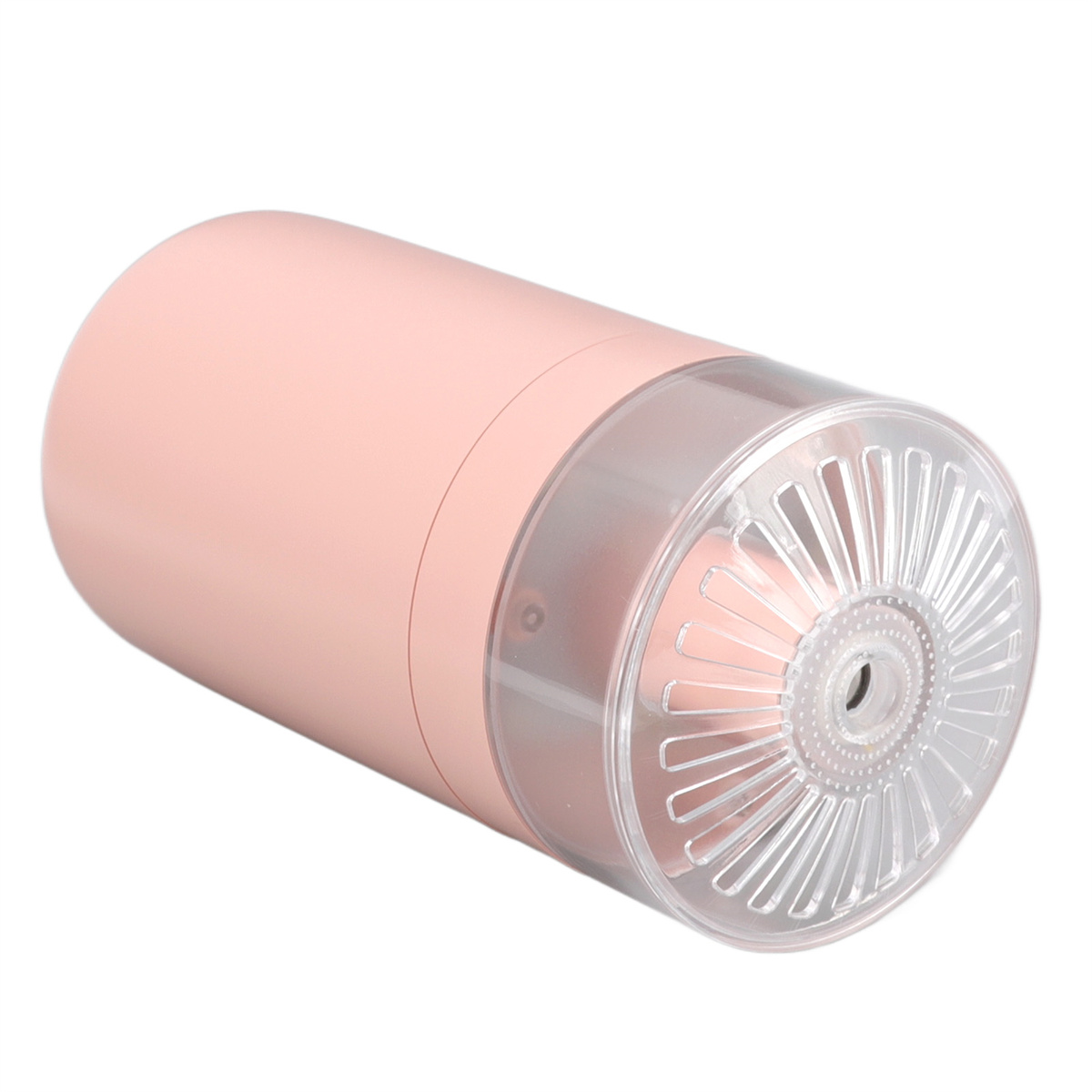 Ein rosa-transparenter Kosmetikspender. Der obere Teil ist transparent mit geripptem Design. Der Spender ist zylindrisch.