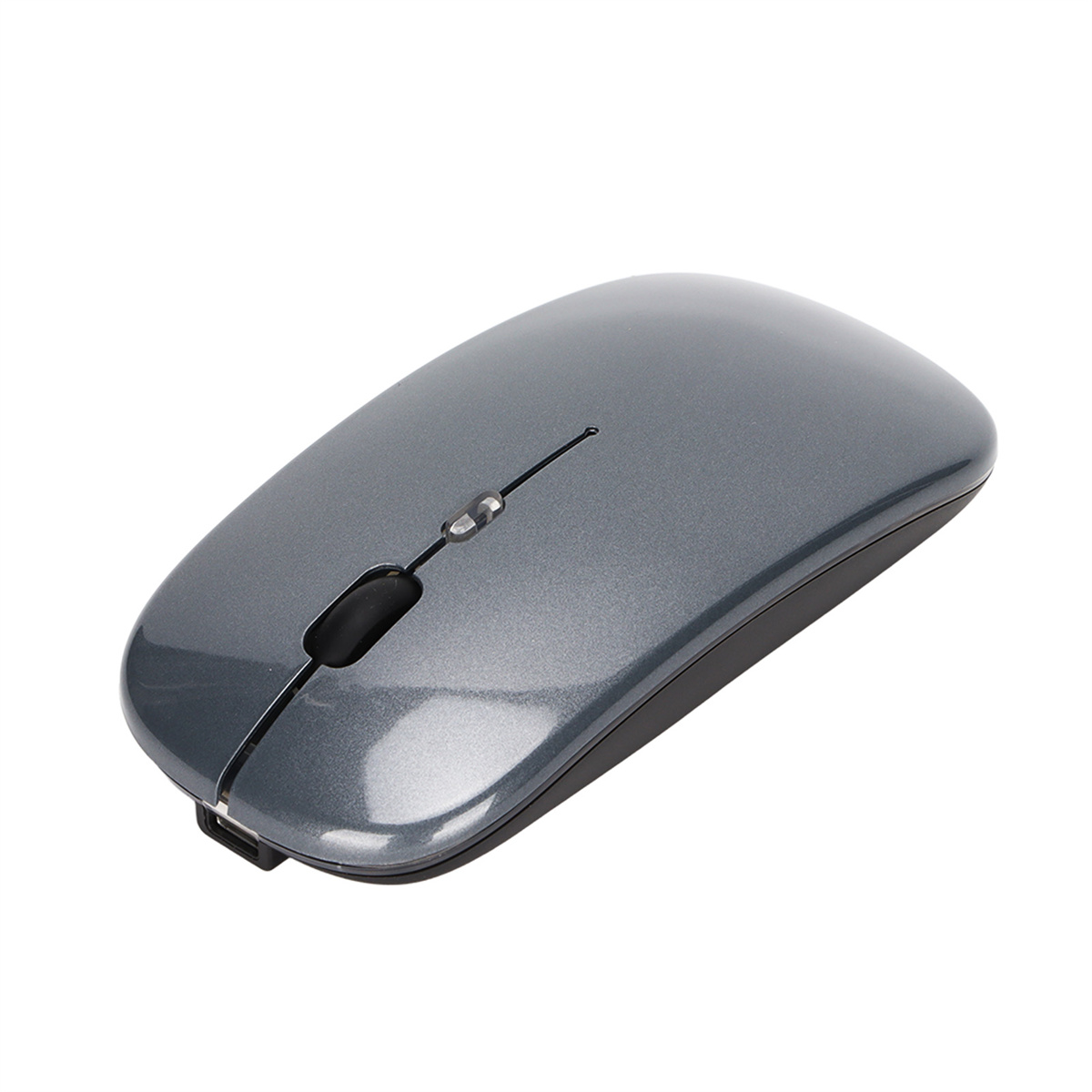 Eine graue kabellose Maus. Sie hat ein Scrollrad und einen USB-Anschluss.