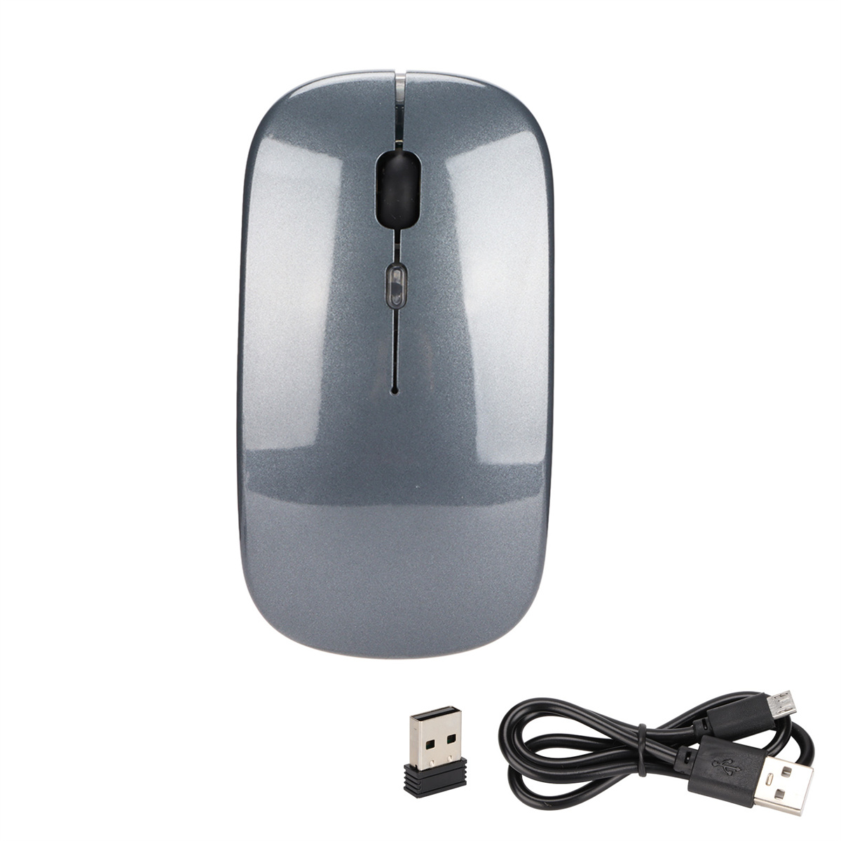 Eine graue, kabellose Computermaus mit USB-Empfänger und Ladekabel.
