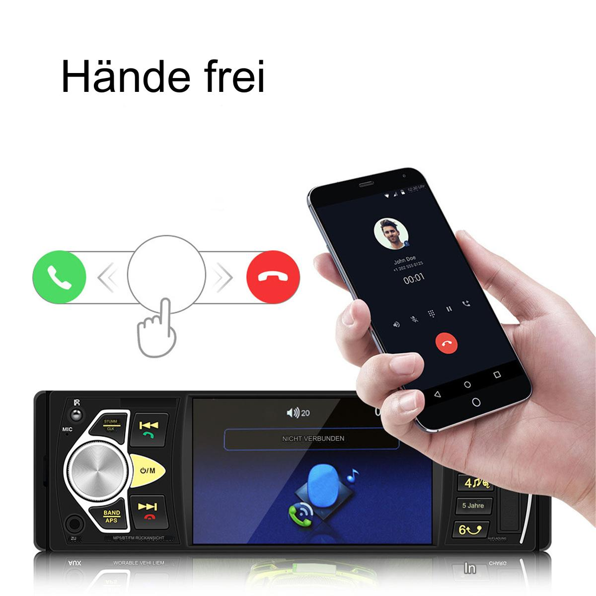 Autoradio mit Telefon, das einen Anrufbildschirm zeigt. Der Text lautet Freisprechen.