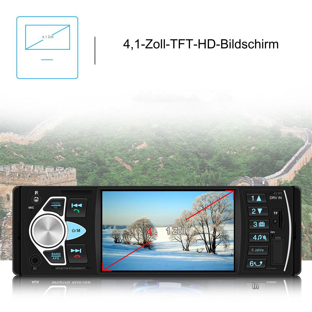 Autoradio mit Bildschirm, der eine Winterlandschaft zeigt, mit dem Bild der Großen Mauer im Hintergrund.
