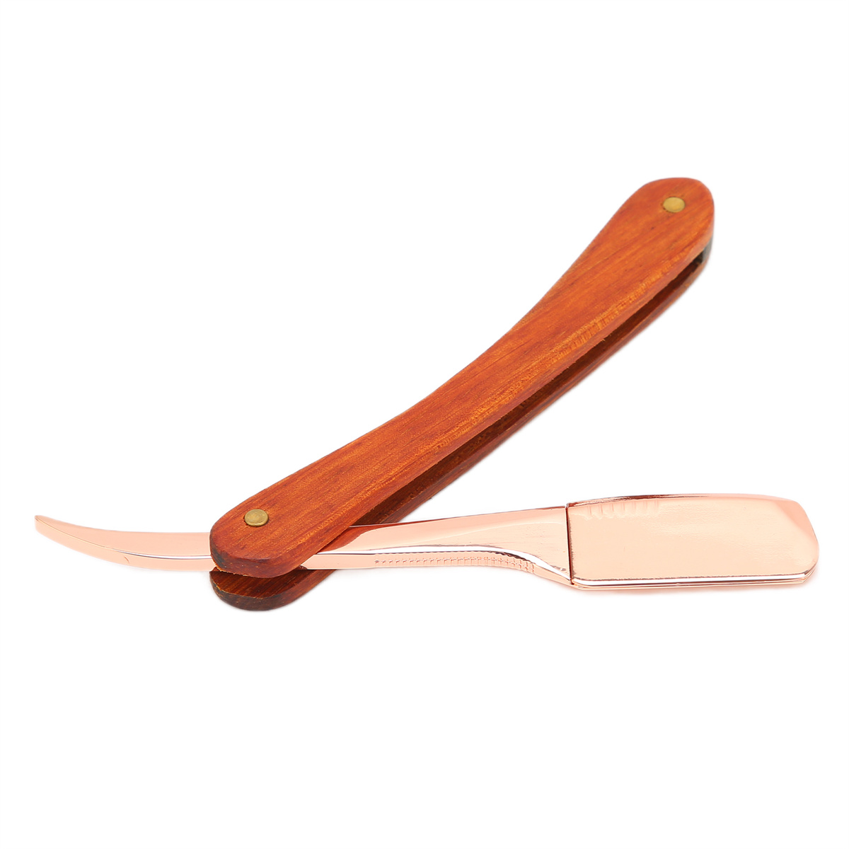 Offener Rasiermesser mit Holzgriff und goldenen Nieten. Kupferfarbene Klinge.