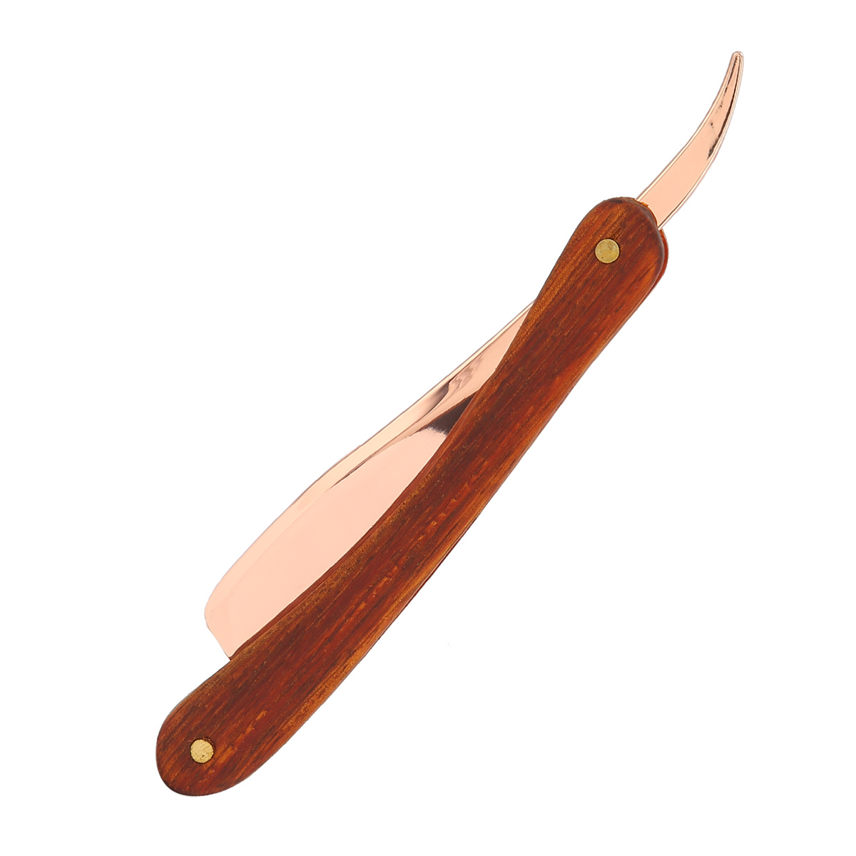 Ein gerades Rasiermesser mit Holzgriff, geöffnet, mit kupferfarbener Klinge, auf weißem Hintergrund.