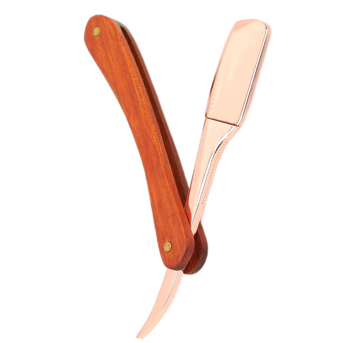 Ein Rasiermesser mit roségoldener Klinge und Holzgriff wird auf einer weißen Oberfläche gezeigt.