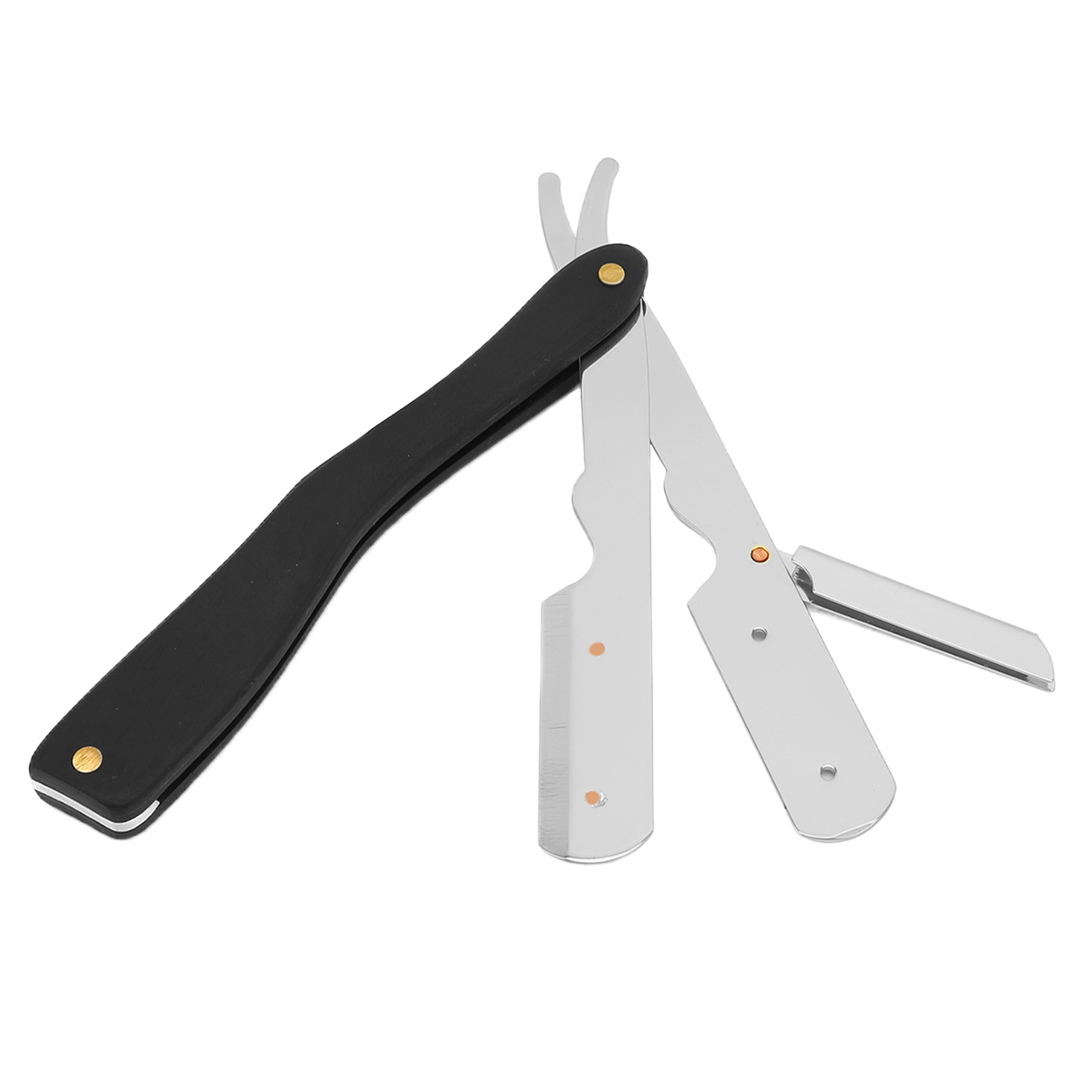Schwarzes und silbernes Rasiermesser, offen und teilweise offen, auf weißem Hintergrund.