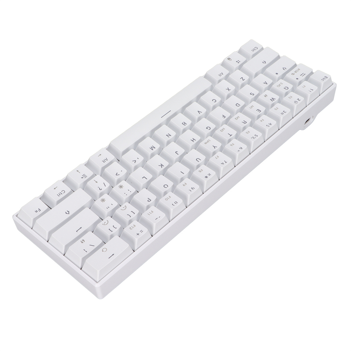 Weiße, kompakte Tastatur mit weißen Tasten. Die Tastatur hat keinen Nummernblock und einen kleinen Platzbedarf.