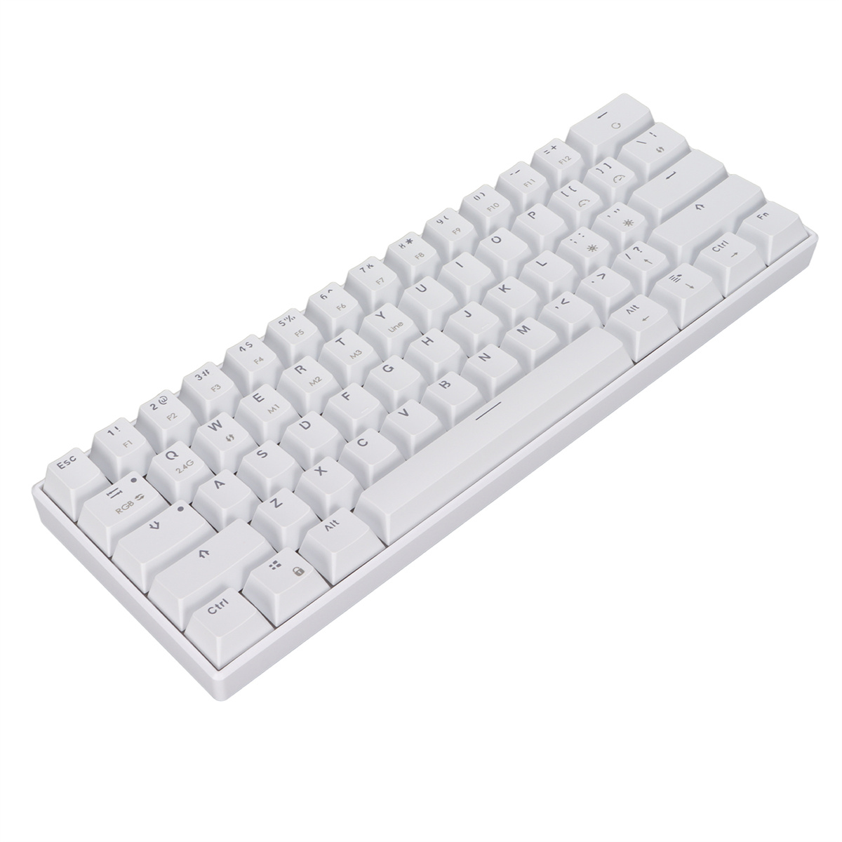 Weiße 60 % Tastatur. Die Tasten sind weiß. Die Tastatur hat ein abgewinkeltes Design.