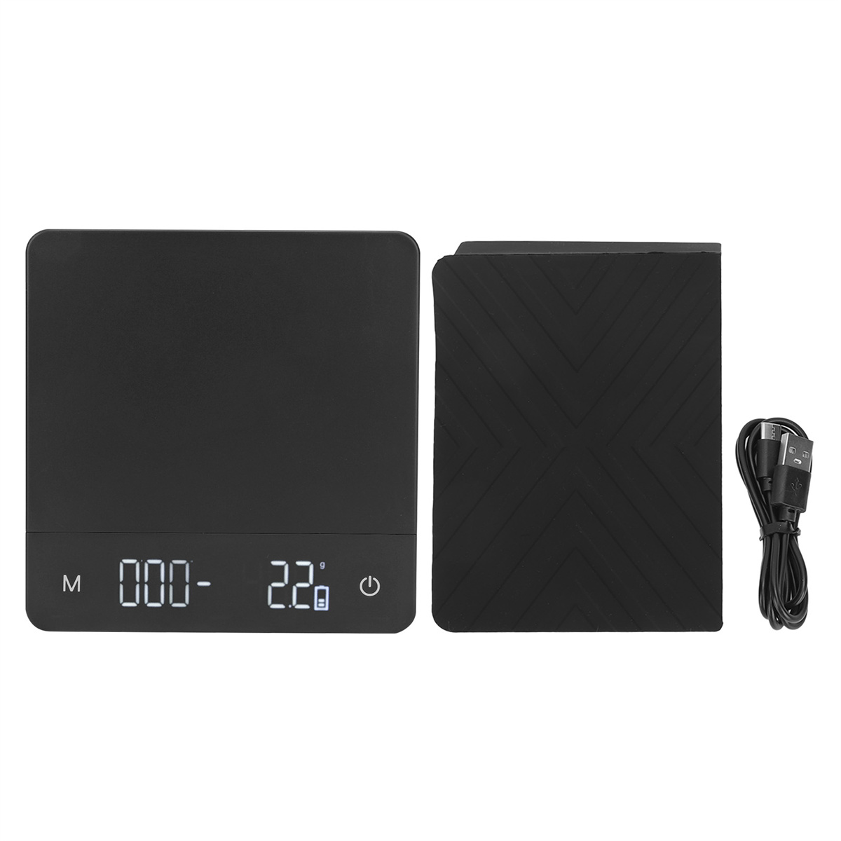 Schwarze Digitalwaage mit Anzeige 000-22 und schwarzer Abdeckung rechts.