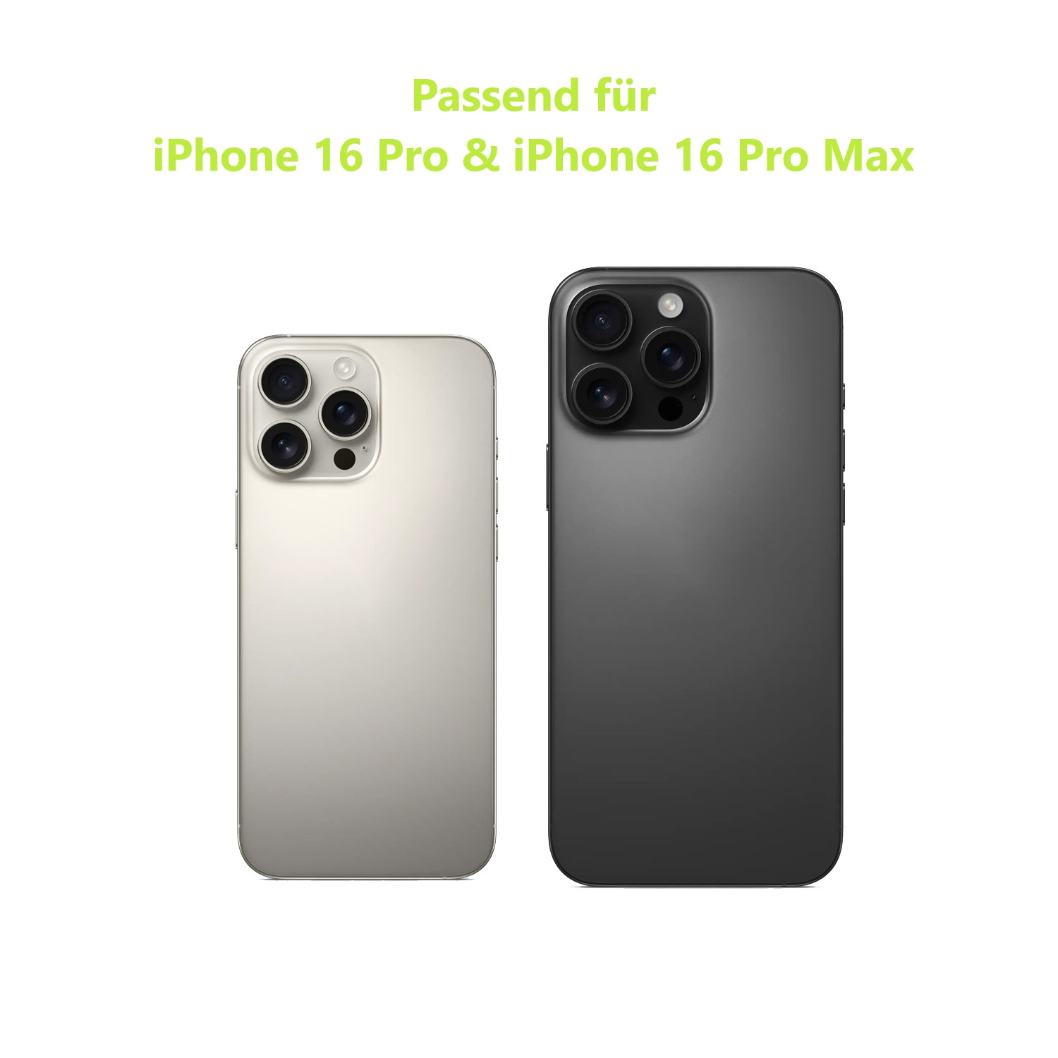 Zwei Telefone nebeneinander. Eines goldfarben, eines schwarz. Text sagt 'Für iPhone 16 Pro & 16 Pro Max'.