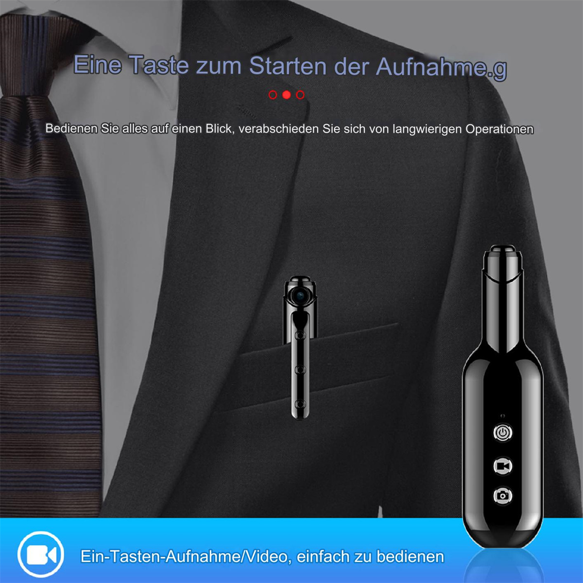 Eine schwarze Kamera in Stiftform, die am Jackett eines Mannes getragen wird. Inklusive Knöpfen und Ladeanschluss.