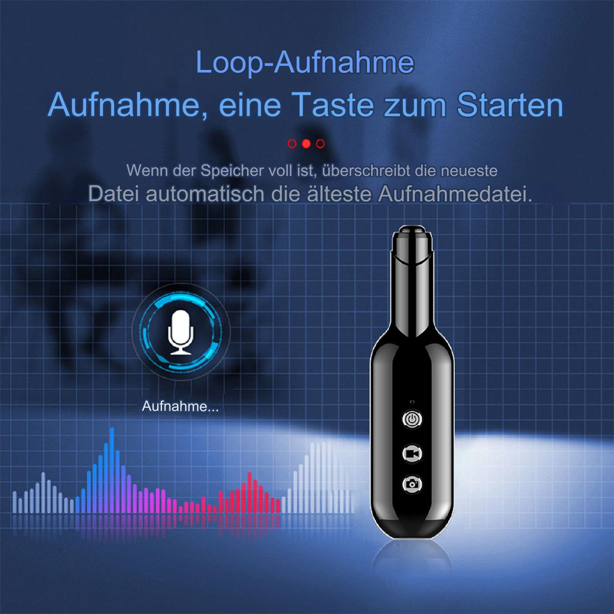 Ein schwarzes Aufnahmegerät mit Knöpfen und einem Mikrofonsymbol, mit Text auf Deutsch.