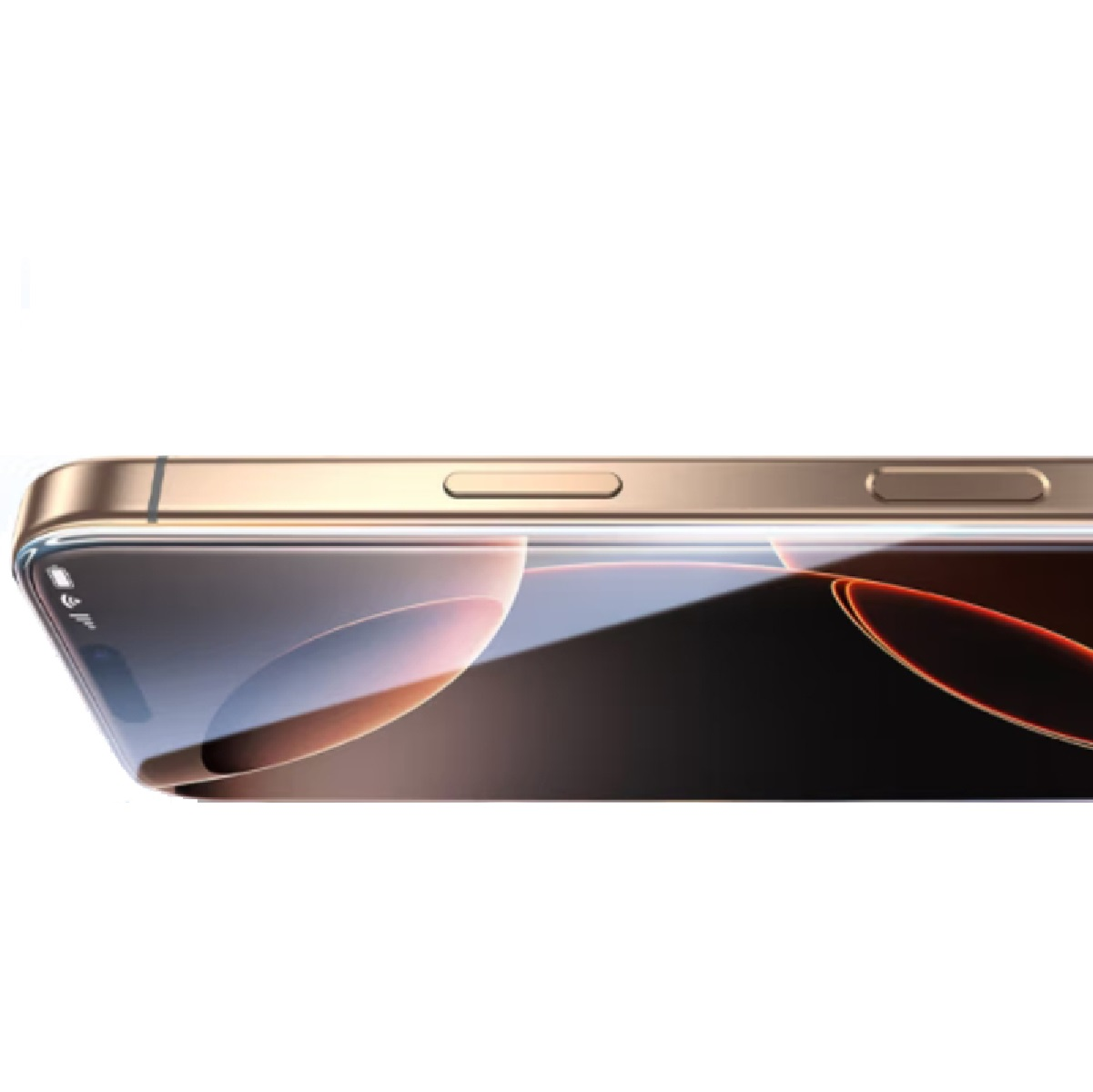 Goldenes Telefon mit schwarzem Bildschirm, Seitenansicht.