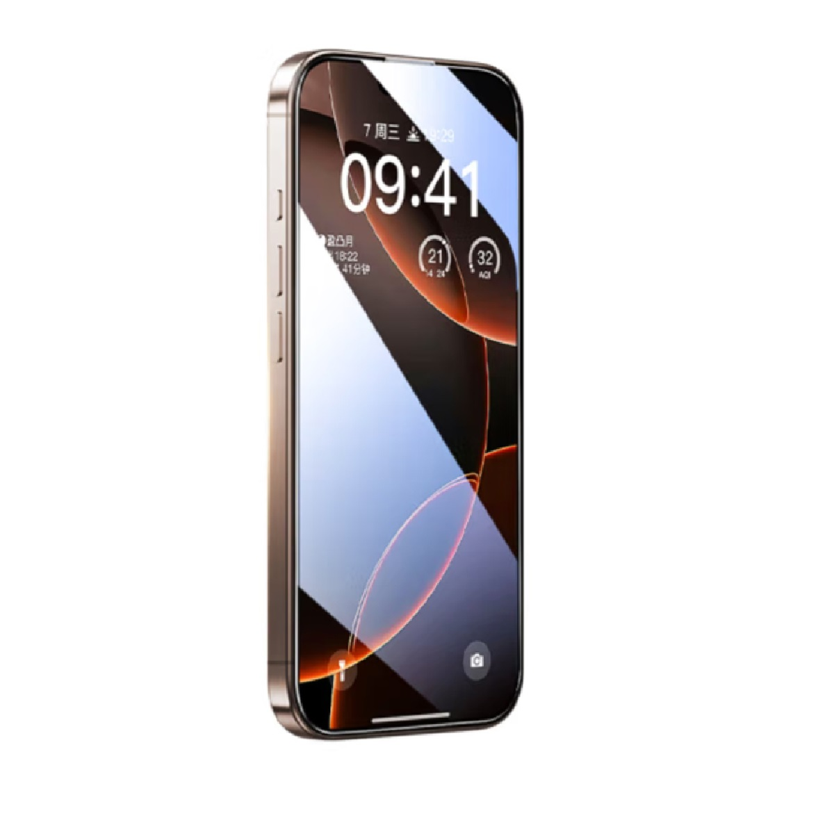 Ein gold-schwarzes Smartphone, das eine digitale Uhr und einen bunten abstrakten Hintergrund anzeigt.