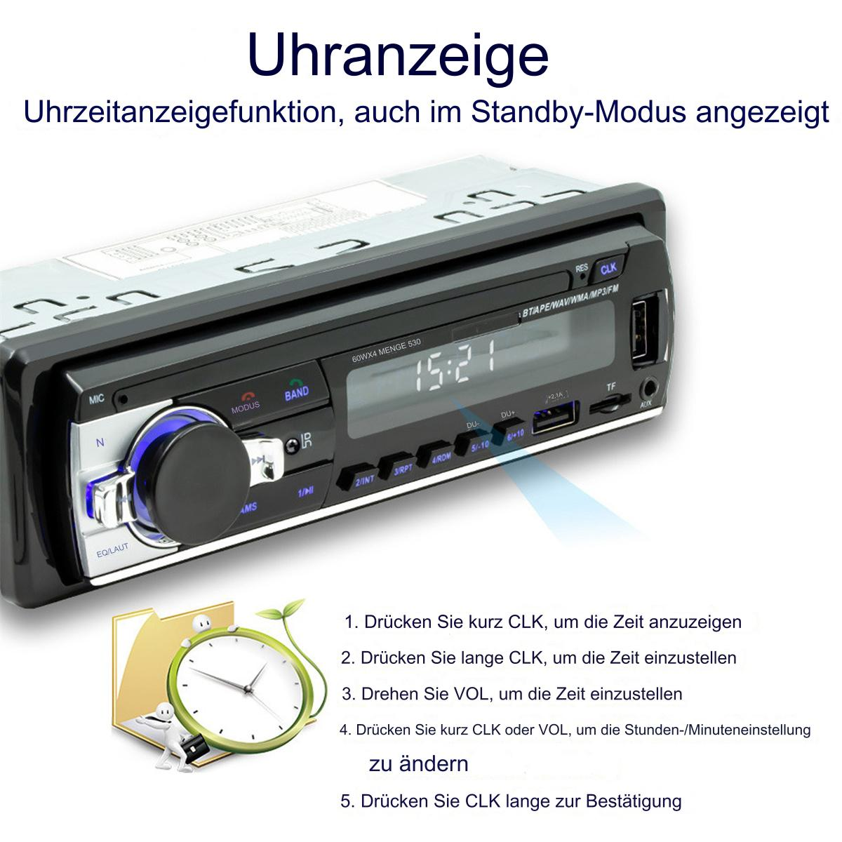 Ein Autoradio mit Zeitanzeige, umgeben von Knöpfen und einer grafischen Anzeige, auf einer weißen Oberfläche.