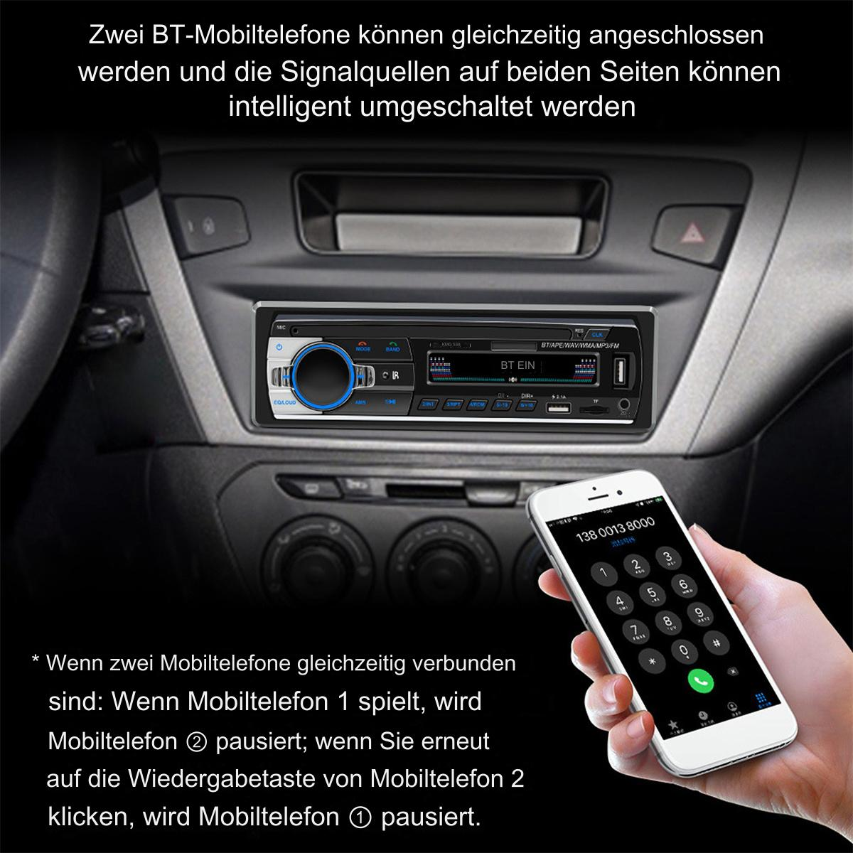 Autoradio mit Telefonschnittstelle und Smartphone. Der Text ist auf Deutsch.