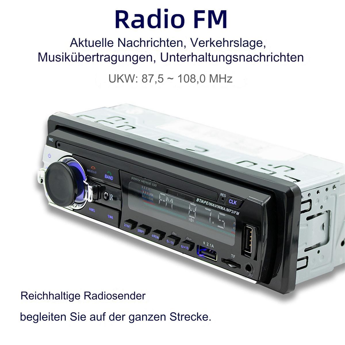 Ein Autoradio mit Knöpfen und Display. Text sagt 'Radio FM' und '87,5 ~ 108,0 MHz'.
