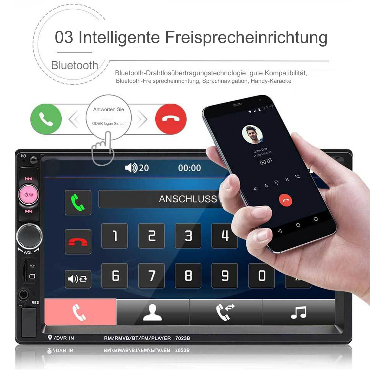 Ein Autoradio-System, das ein Smartphone mit einem Anruf auf dem Bildschirm und verschiedene Verbindungsoptionen zeigt.