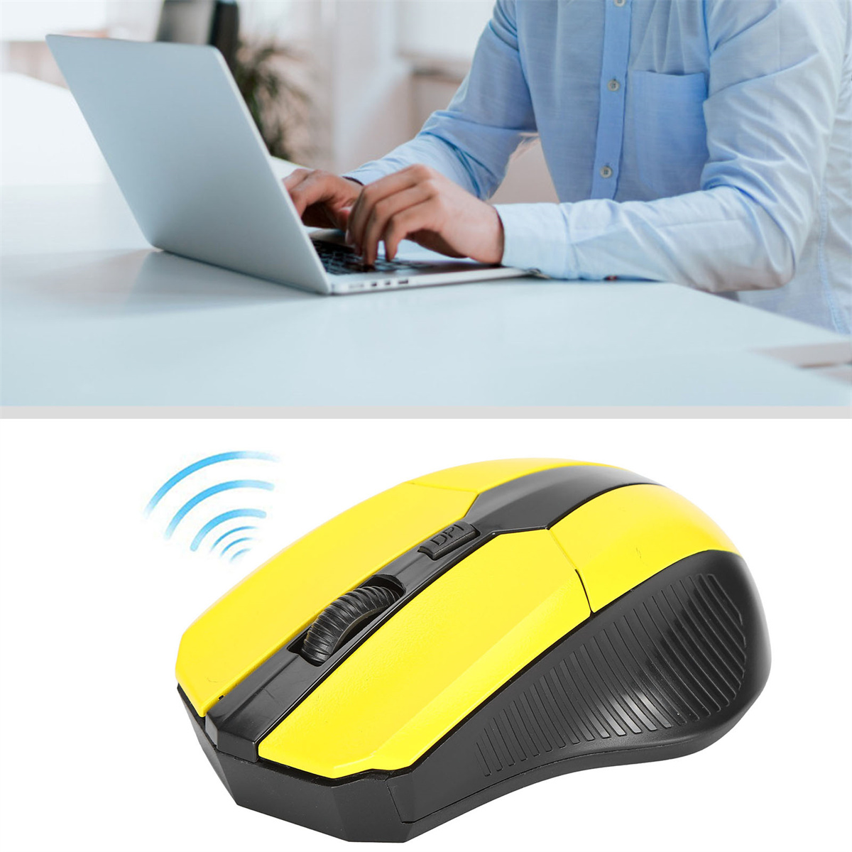 Eine Person arbeitet an einem Laptop, darunter eine kabellose gelb-schwarze Maus.