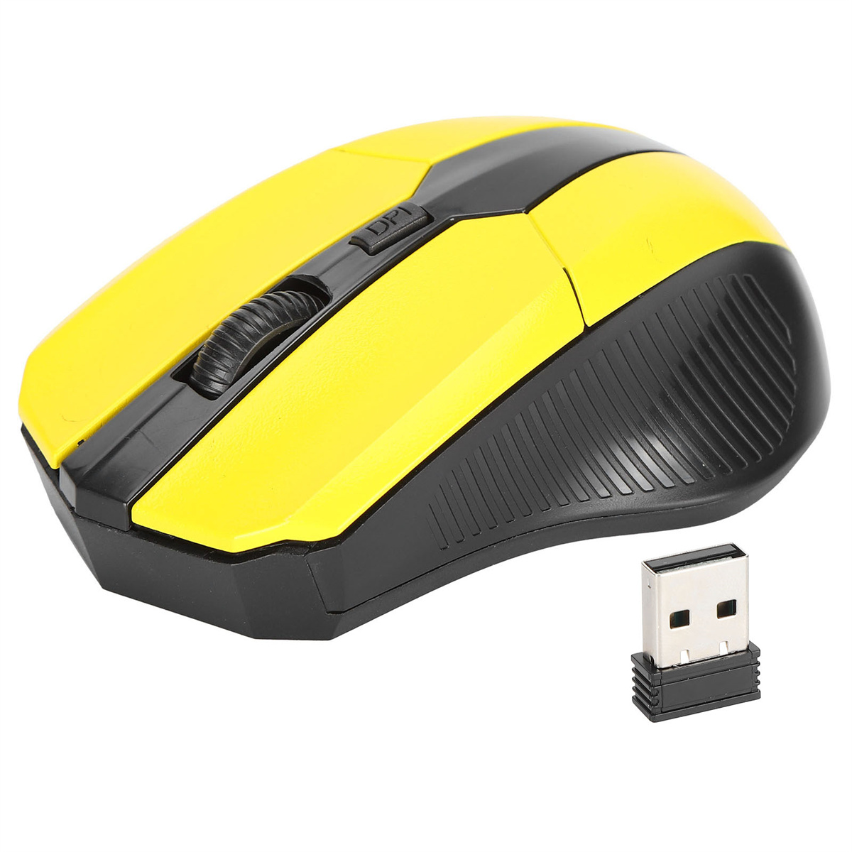 Eine gelb-schwarze kabellose Maus mit Scrollrad und USB-Empfänger liegt auf weißem Untergrund.