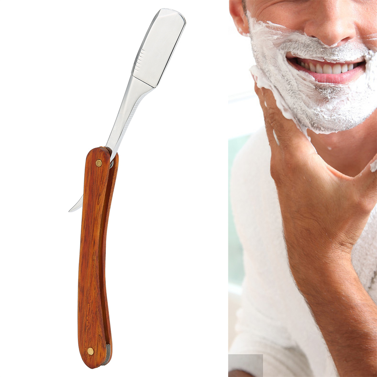 Ein Mann rasiert sich mit einem Rasiermesser. Der Rasierer hat einen Holzgriff.