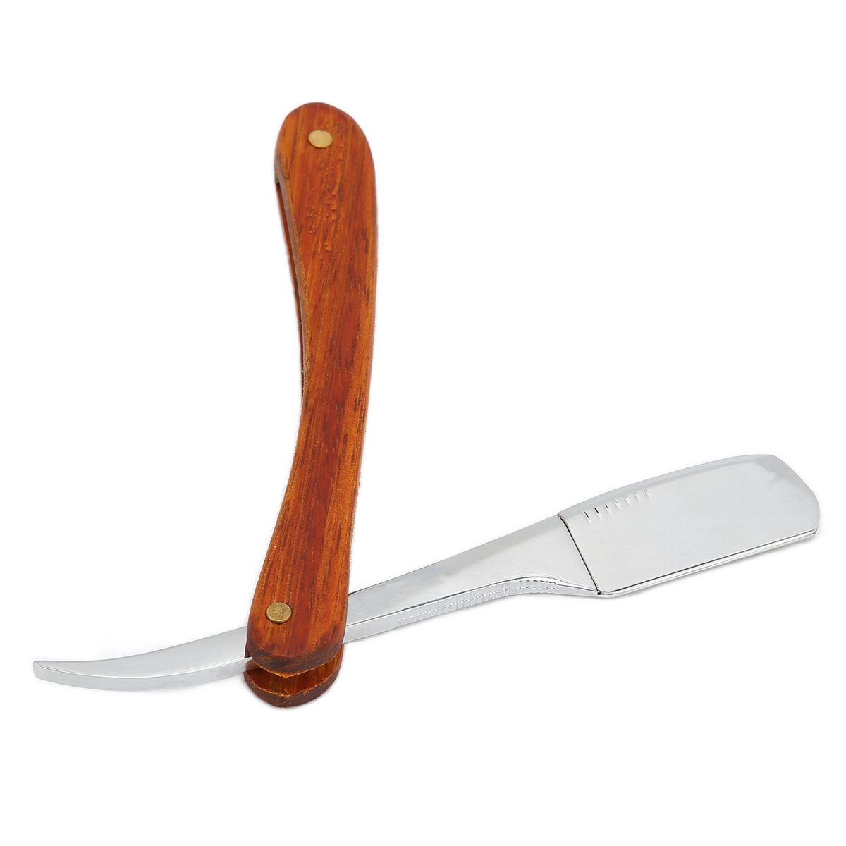 Ein Rasiermesser mit Holzgriff und silberner Klinge. Es liegt auf einer weißen Oberfläche.