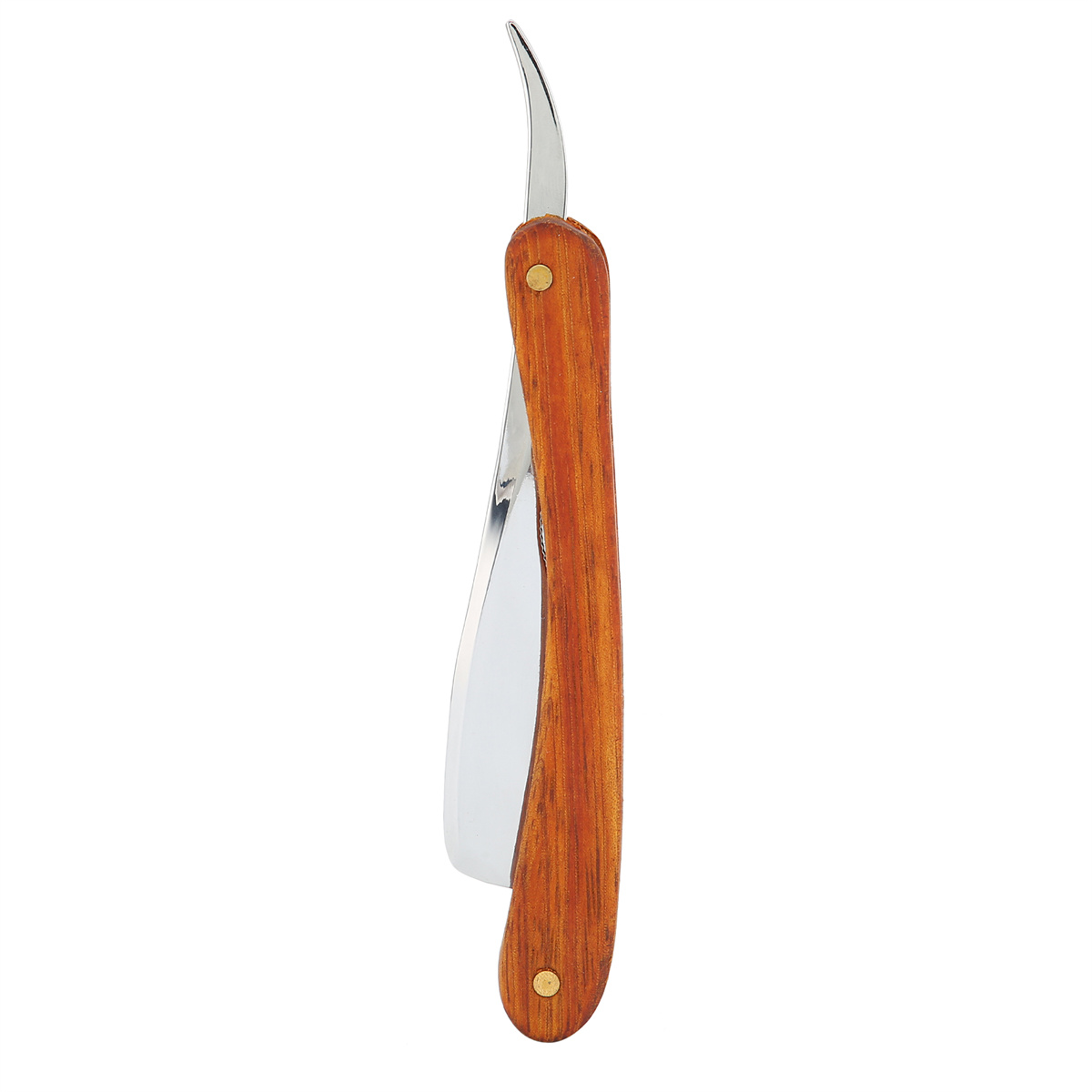 Gerader Rasiermesser mit Holzgriff. Klinge ist geöffnet. Weißer Hintergrund.